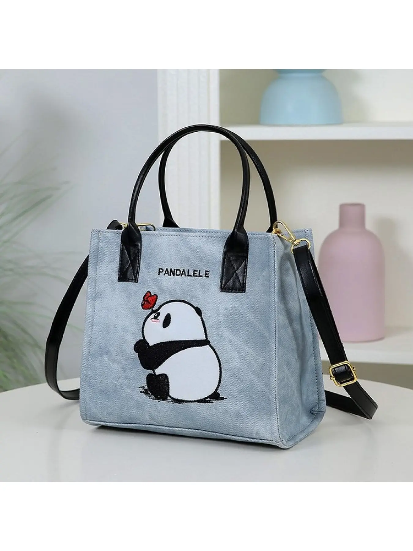 Women's Large Capacity Crossbody Bag with Cute Embroidered Panda Cartoon Design Daily Commute Shoulder Bag Versatile Stylish Handbag