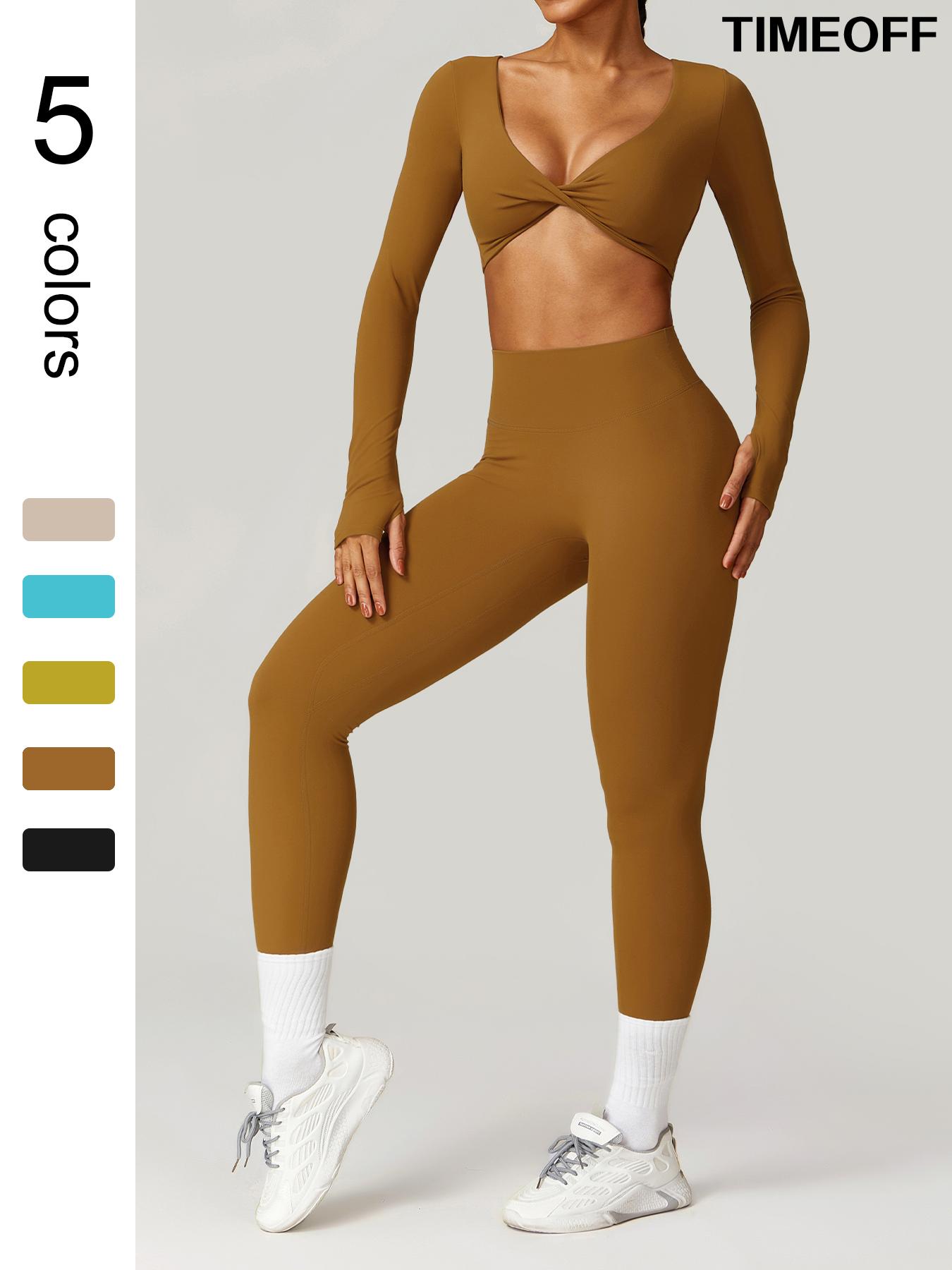 TIMEOFF Jinammonia fabric skin-friendly soft quick-drying breathable Women's Butterfly-shaped Pleated Low-cut Long-sleeved High-waist Hip-lifting Trousers Yoga suit Outdoor Running and Cycling Fashion suit Gym Sports Training All-match Long-sleeved Trouse