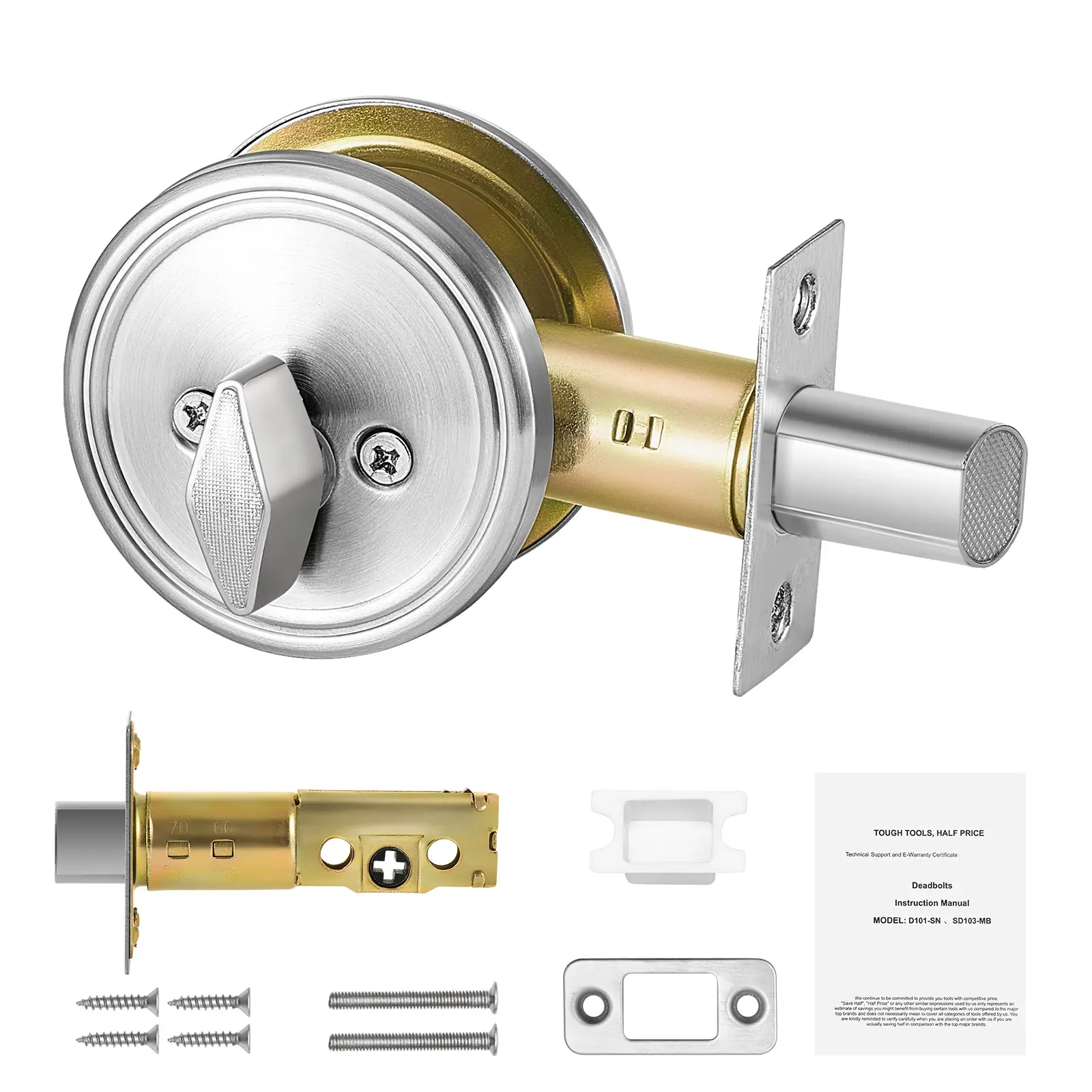 Satin Nickel Full Metal Round Shape Single Cylinder Deadbolt Lock - Standard Size, Fits Interior & Exterior Doors, Residential Front Entry Security Door Lock