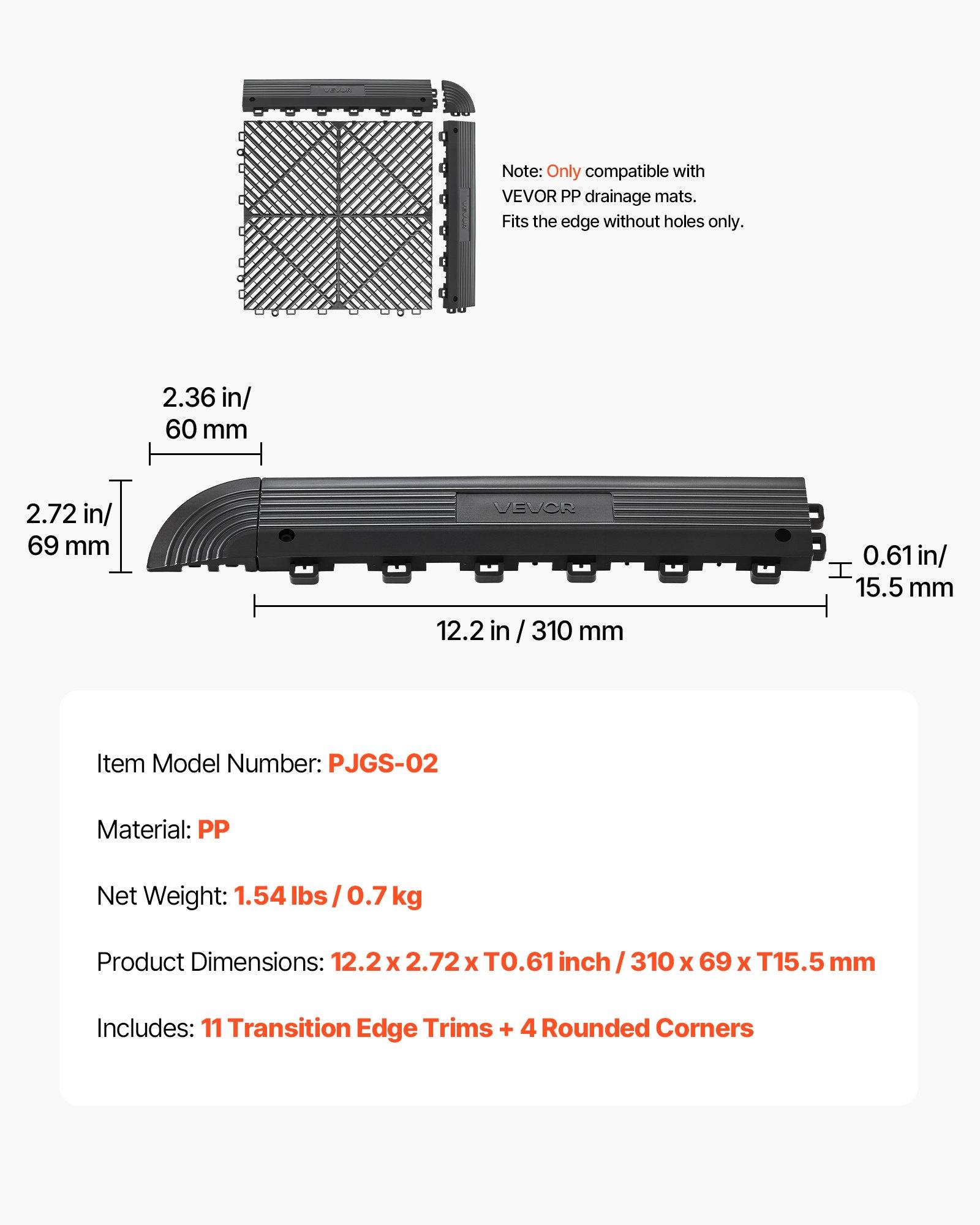 VEVOR Transition Edge Kit, 11-Piece, Durable PP Interlocking Modular Garage Floor Edging, Easy Installation, Edge Protection for Wet Area Restaurant, Only Compatible with VEVOR Drainage Mats, Black