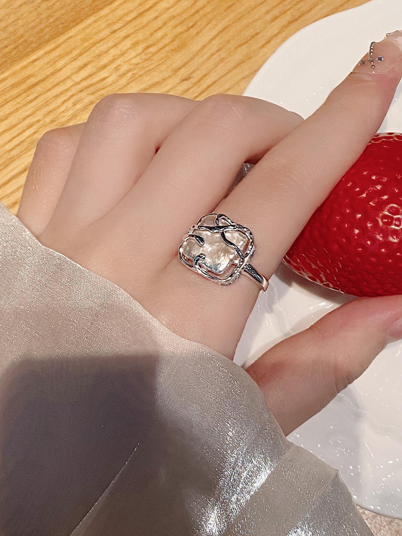 S925 Sterling Silver Fashion Vintage Square Shaped Baroque Pearls Ring, Elegant Everyday Ring, Elegant Jewelry for Women, Trendy All-match & Exquisite Jewelry for Birthday Gift, Vintage Rings Jewelry