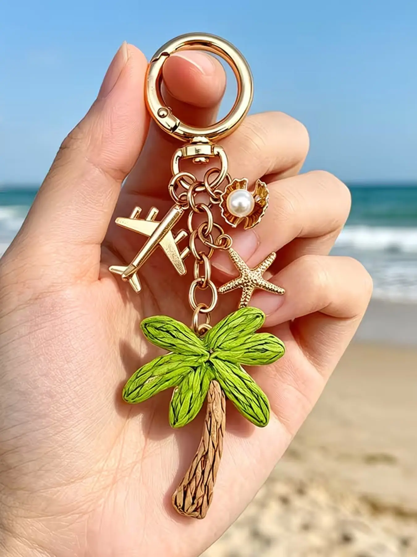 Handmade Coconut Tree Pendant, Bohemian Style Bead Palm Tree Keychain, Rattan Palm Tree Beach Travel Keychain Decoration, Hawaiian Beach Style Accessories, Handbag Decoration, Car Keys, Wallet Decoration, Keychain Accessory