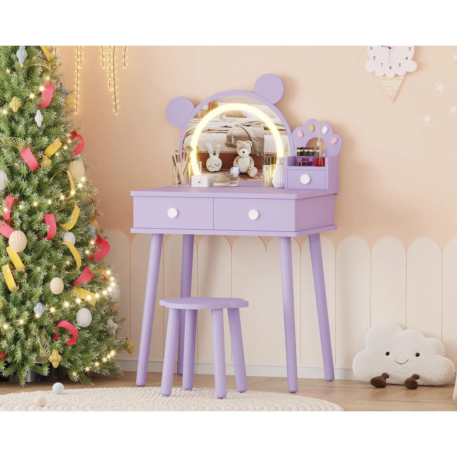 Garvee Kids Vanity Table Set – Bear-Shaped Wooden Pretend Makeup Desk with Touch 3-Color LED Mirror, Storage Drawers & Stool, Pink / White