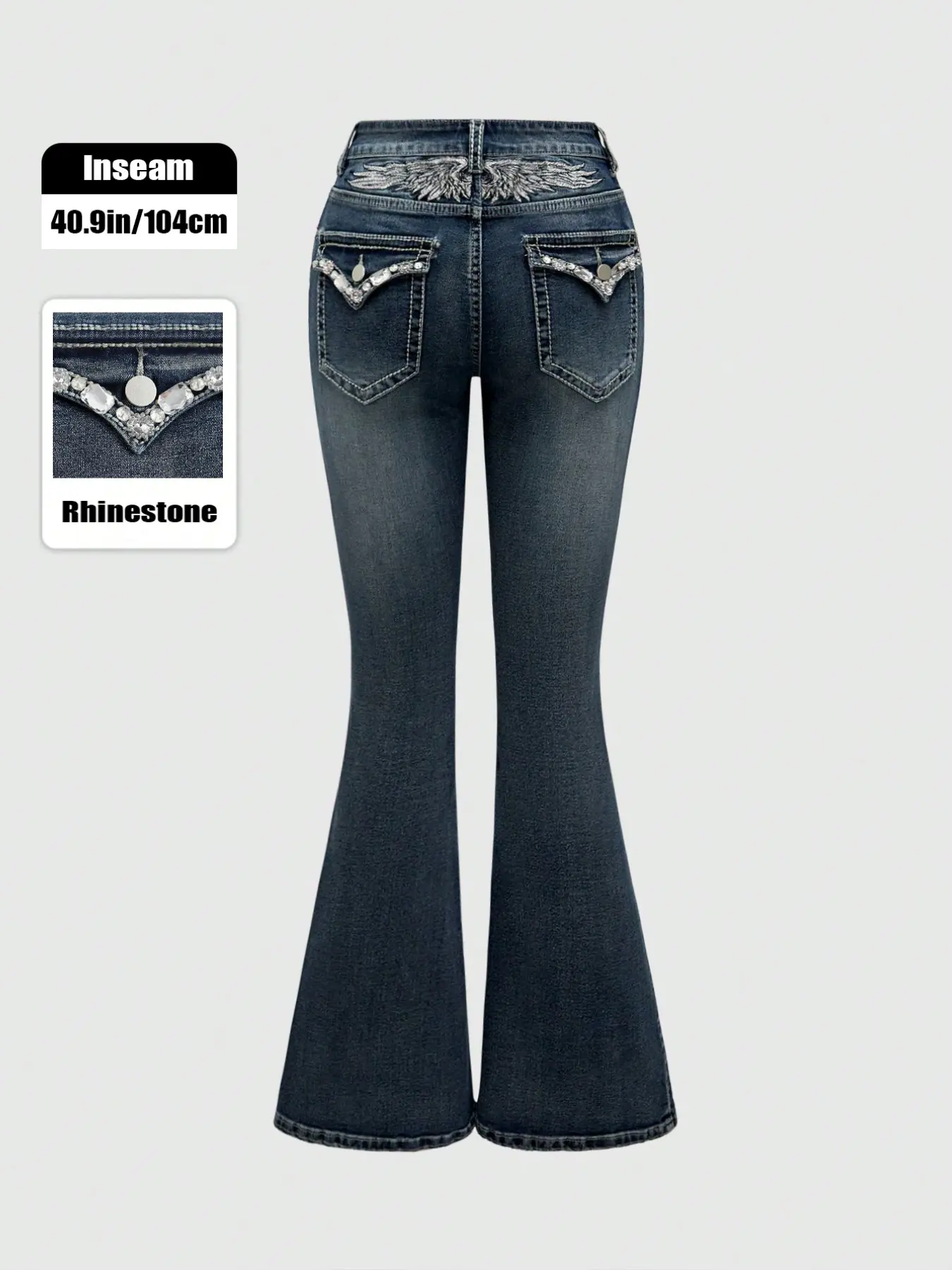 Y2K Women's Vintage High-Waisted Stretch Flare Jeans, Angel Wings Embroidery, Rhinestone Pockets, All-Season Floor-Length Pants