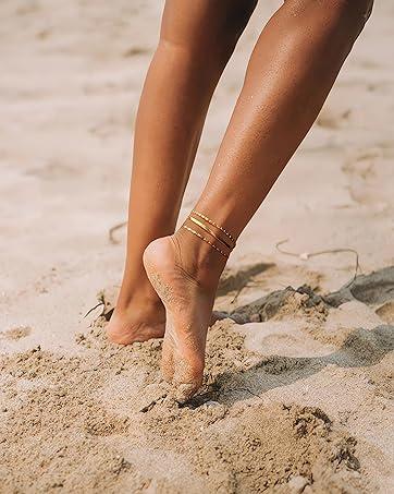 TEWIKY Dainty Layered Waterproof Anklet For Women Adjustable Womens Anklet Set Stackable Figaro BeadedCuban Link Spring Fashion Anklets Beach For Summer