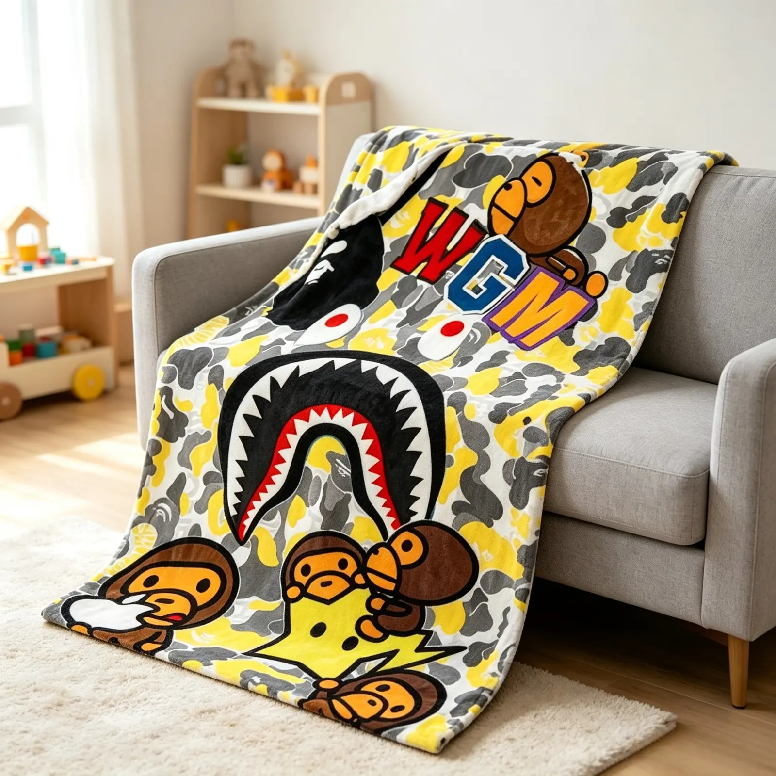 Yellow Grey Shark Camo Monkey Graphic Blanket, Soft Microfiber Throw with Camouflage Animal Print for Bedroom Bed Sofa Gaming Room and Teen Decor, Lightweight Shark Monkey Blanket for Kids Adults Bold Camo Style and Animal Fans