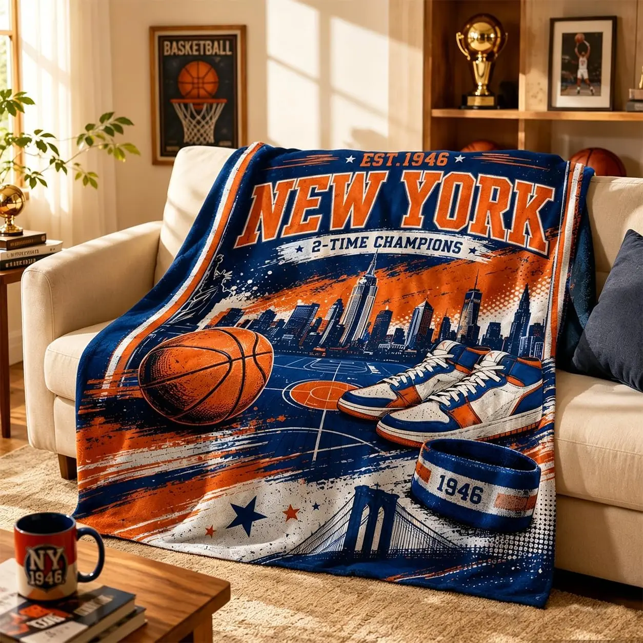 1PC New York Basketball Throw Blanket City Skyline Sports Fleece Blanket Cozy Flannel Blanket Couch Bed Room Decor Gift for Fans Flannel Throw Blankets Home Decor Blanket