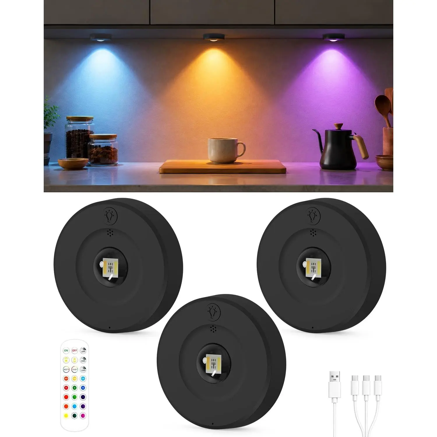 Yiliaw Under Cabinet Rechargeable Puck Lights with Remote Control,Multi-Use Under Cabinet Lighting for Kitchen Wardrobe,Black-3 Pa/ck T065B