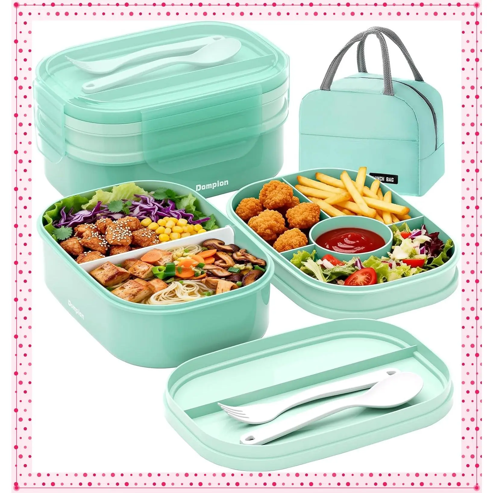 2 Layers Bento Box, All-in-One Stackable Lunch Container with Compartments, 64oz Leakproof Microwave Safe Dishwasher Safe Bento Box with Lunch Bag and Utensil Set for Kids and AdultsGift