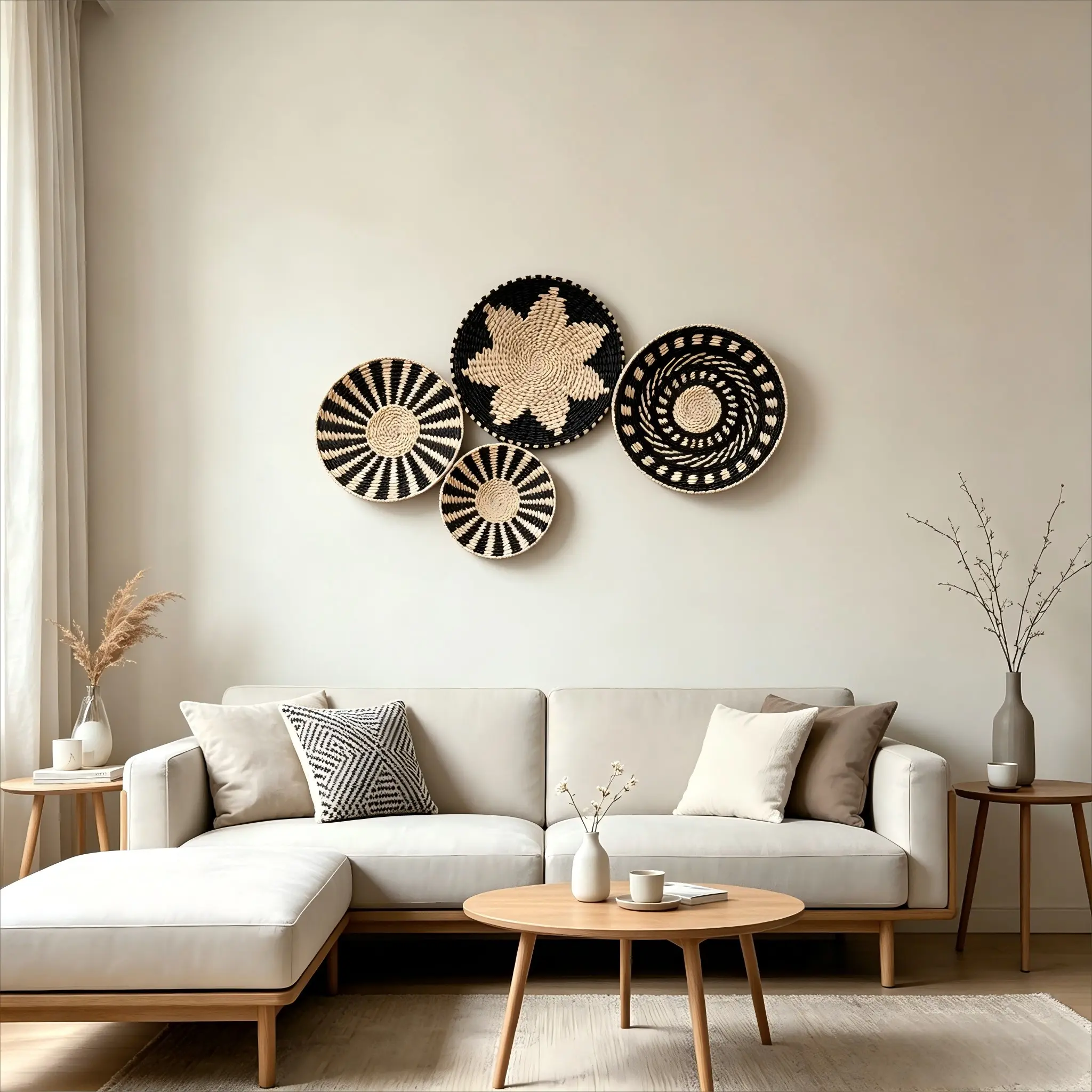4-Piece Colorblock Handwoven Hanging Plates, Geometric Patterns Bohemian Wall Decor Round Dishes, Unique Home Accessories