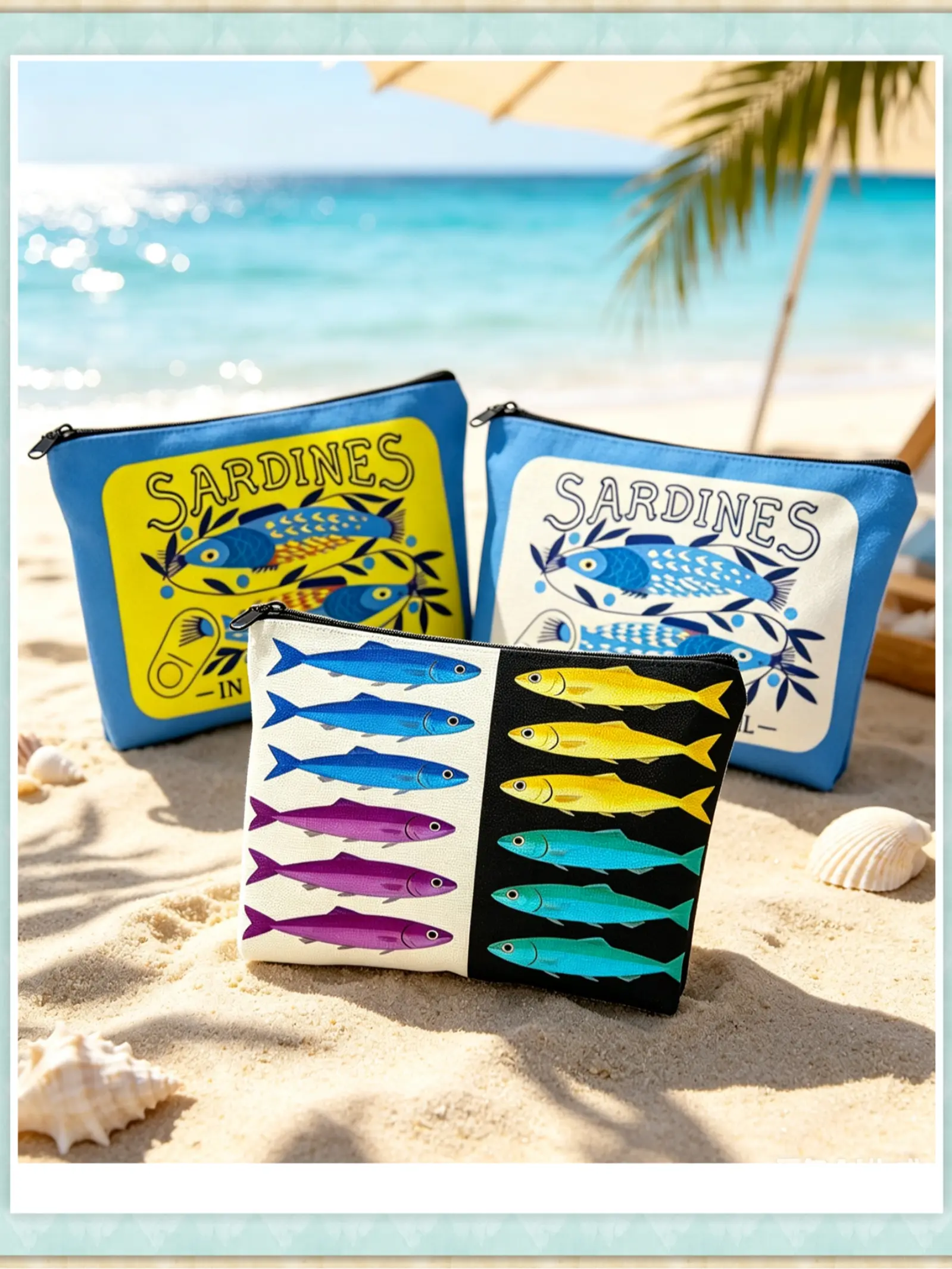 Vintage Sardine Print Zip Bag, Beach Vacation Style, Cute Fish Makeup Pouch, Portable Travel Cosmetic Bag, Handbag, Gift Idea