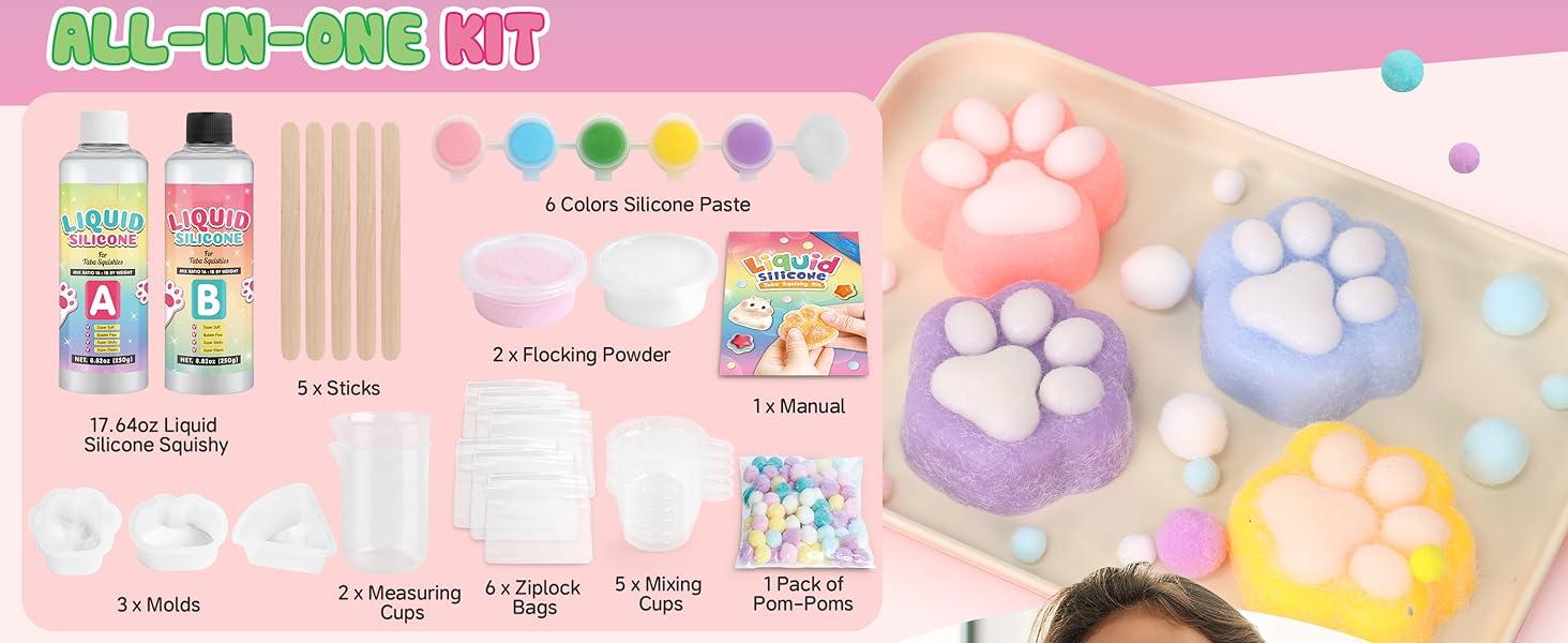 Cat Paw Squishy Kit - 18OZ Rubber with Guided, Bubble Free and Faster Fully Cures - FuFu Squishy Kit with Mold, Flocking Powder - Stress Relief Entertainment