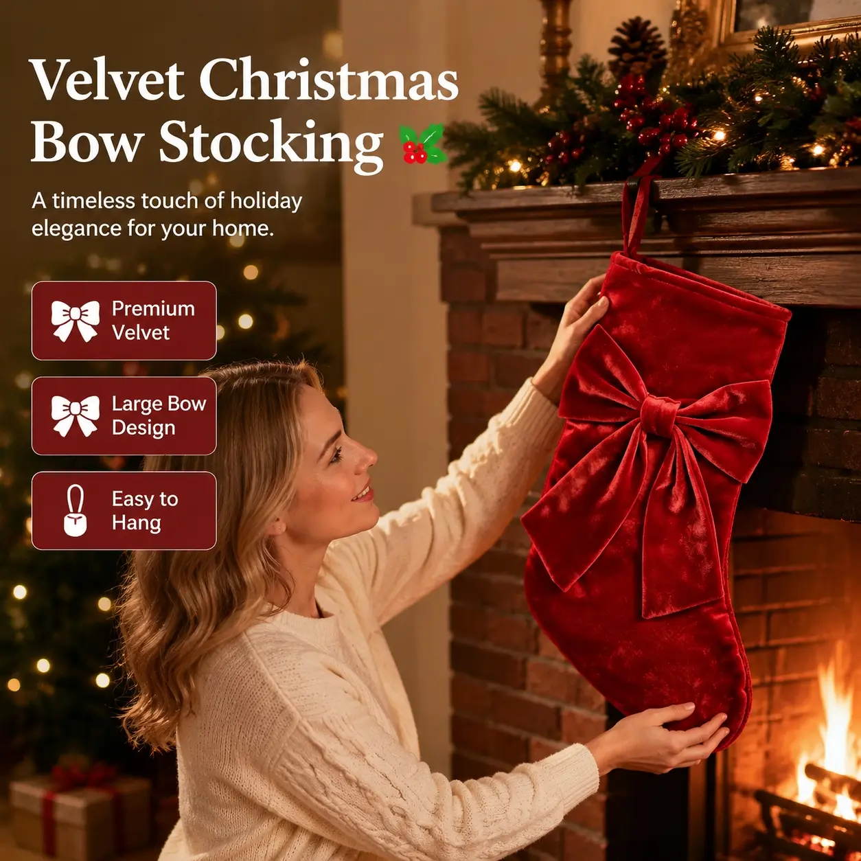 Red Velvet Bow Christmas Stocking, Large Xmas Gift Candy Bag, Christmas Tree Hanging Ornament, Home Holiday Decor Gift Sack