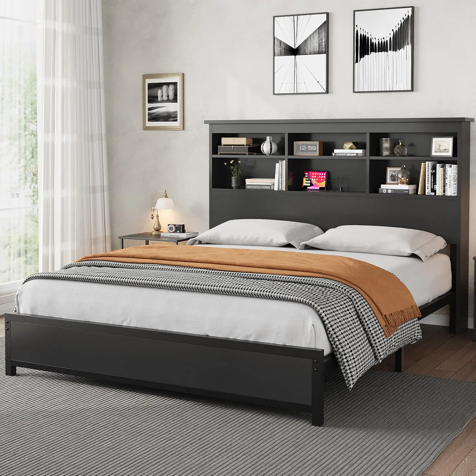 Queen/Full Metal Platform Bed with Bookcase Headboard – Built-in Charging Station (USB+AC), Under-Bed Storage, No Box Spring Needed – Black