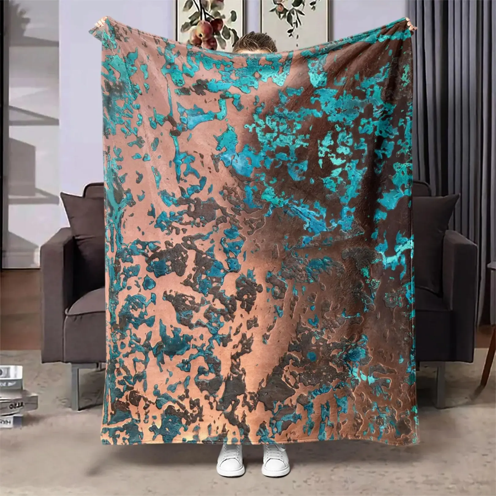 Creative Abstract Pattern Blanket,Warm Nap Blanket for Home Office Travel Camping, Breathable Soft Blanket, Soft Cozy Blanket, Turquoise Rust Marble Art Decor Blanket, Lightweight All Season Sofa Bedding, Birthday Holiday Modern Home Gift Blanket