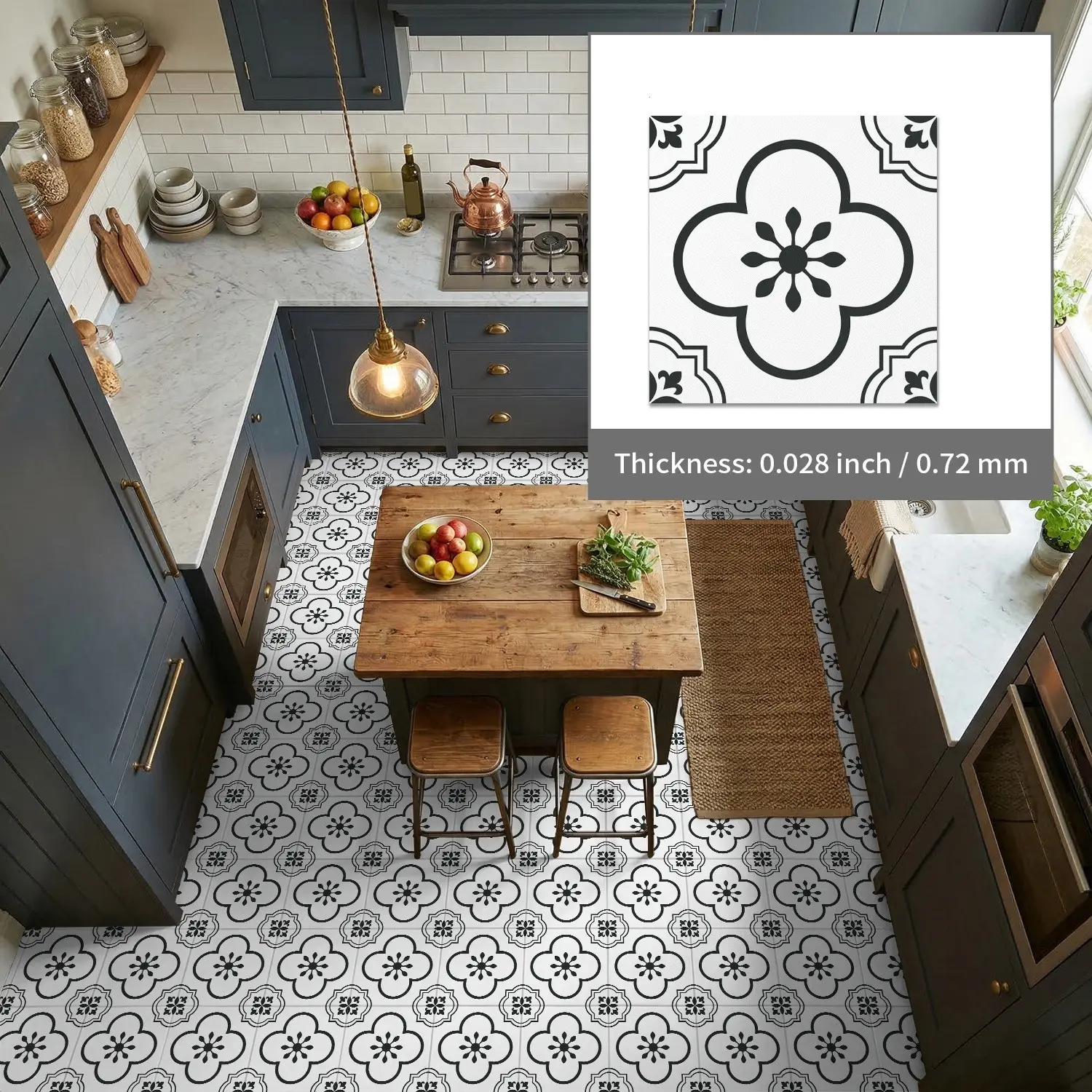 12pcs Peel and Stick Tile Wall Decals - Boho Black Floral Pattern Wall Stickers, Removable Waterproof Vinyl Tiles for Backsplash, Bathroom, Living Room, Apartment Decor
