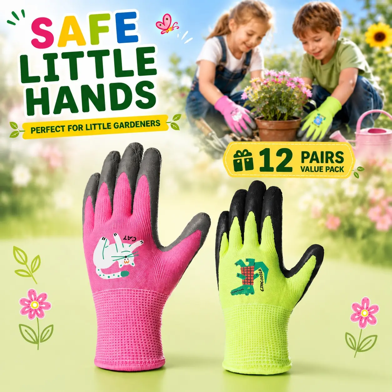 12 Pairs Kids Gardening Gloves, Rubber Coated, Cute Cartoon Print, Suitable for Ages 3-10, Breathable and Flexible, Outdoor Play and Gardening