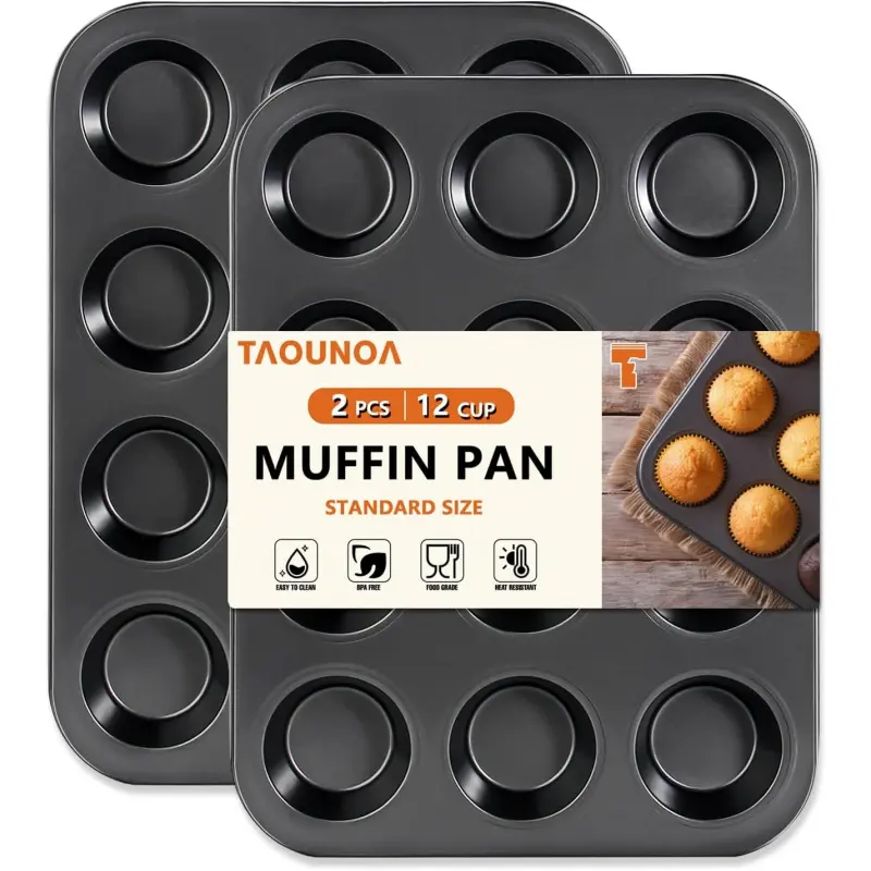 12-Cup Muffin Pan Set of 2, Nonstick Cupcake Baking Tray Heavy Duty Steel Muffin Tin for Oven Baking Muffins & Cakes