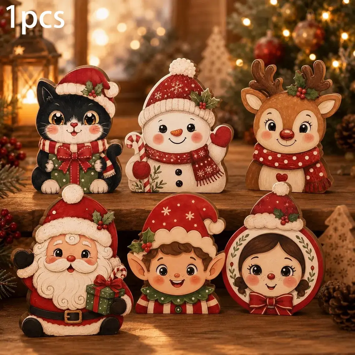 Vintage Christmas Desktop Decorations, Retro Cat, Snowman, Reindeer, Santa, Elf Girl, Holiday Fireplace Shelf, Home Party Decoration
