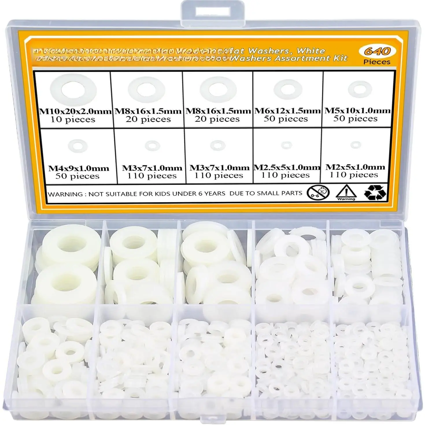 640- 8-Size White Nylon Washers  Kit - Metric & Flat Washers (M2-M10)