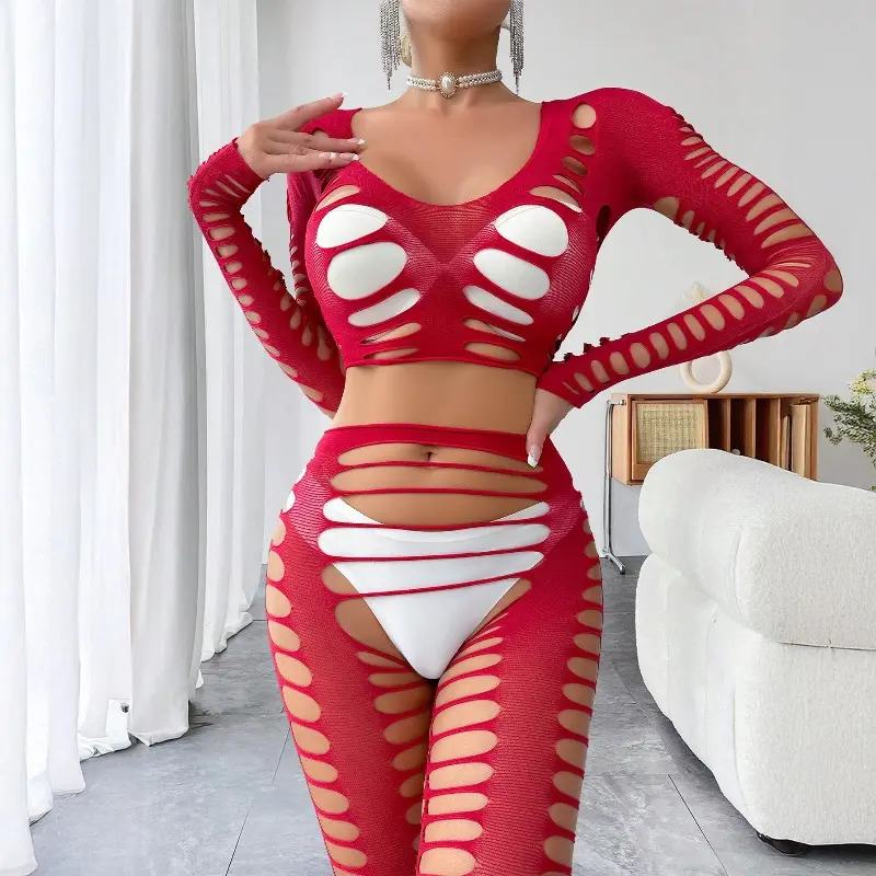 Women's 2-Piece Sexy Elegant Casual Fishnet Bodysuit Lingerie Set - Hollow Design, Fashion Accessory for Intimate Wear, Women's Clothes Essential, Fishnet Bodysuits, Glamorous, Romantic, Female, Sexy Party Wear, Mesh