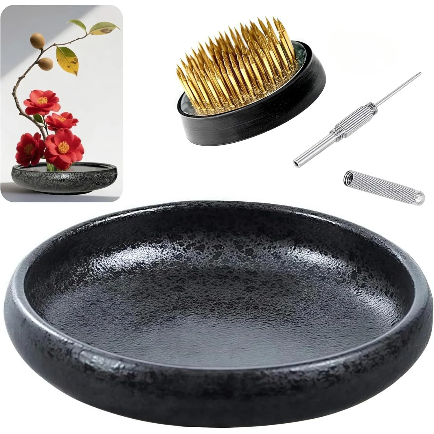 Japanese Ceramic Ikebana Vase Kit, Shallow Flower Container with 1.57inch Flower Frog Kenzan Needle Straightening Tool for Floristry Arrangement, Frosted Spotted Bowl