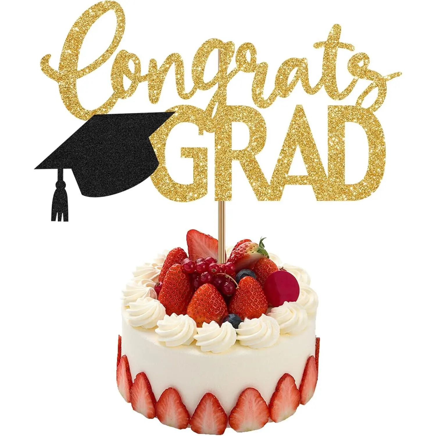 2026 Glitter Gold Graduation Cake Topper, Class of 2026 Graduation Party Decor for Cake, Flower Bouquet Display