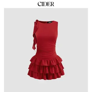 Cider Boat Neck Ruched Ruffle Hem Layered Micro Romper