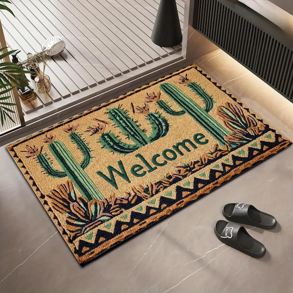 Flannel Floor Mat 1 piece with desert cactus pattern, non-slip, machine washable, suitable for bathroom, kitchen, doorway--daily decoration, gift choice, bathroom mat, cactus design, cactus decoration, home decor rug