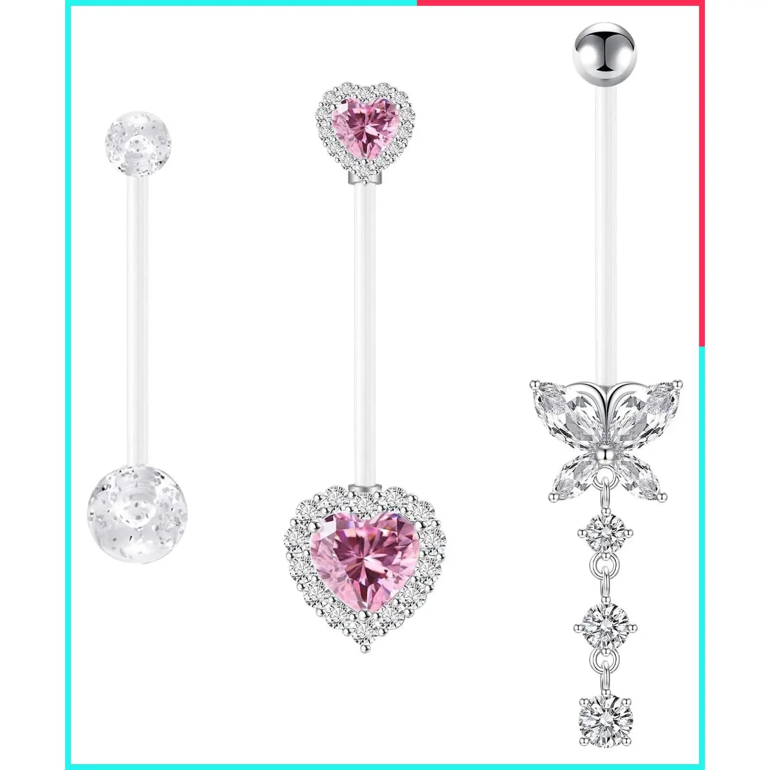 14G Clear Acrylic Flexible Heart Belly Button Ring with Butterfly Dangle – Pregnancy Maternity Jewelry