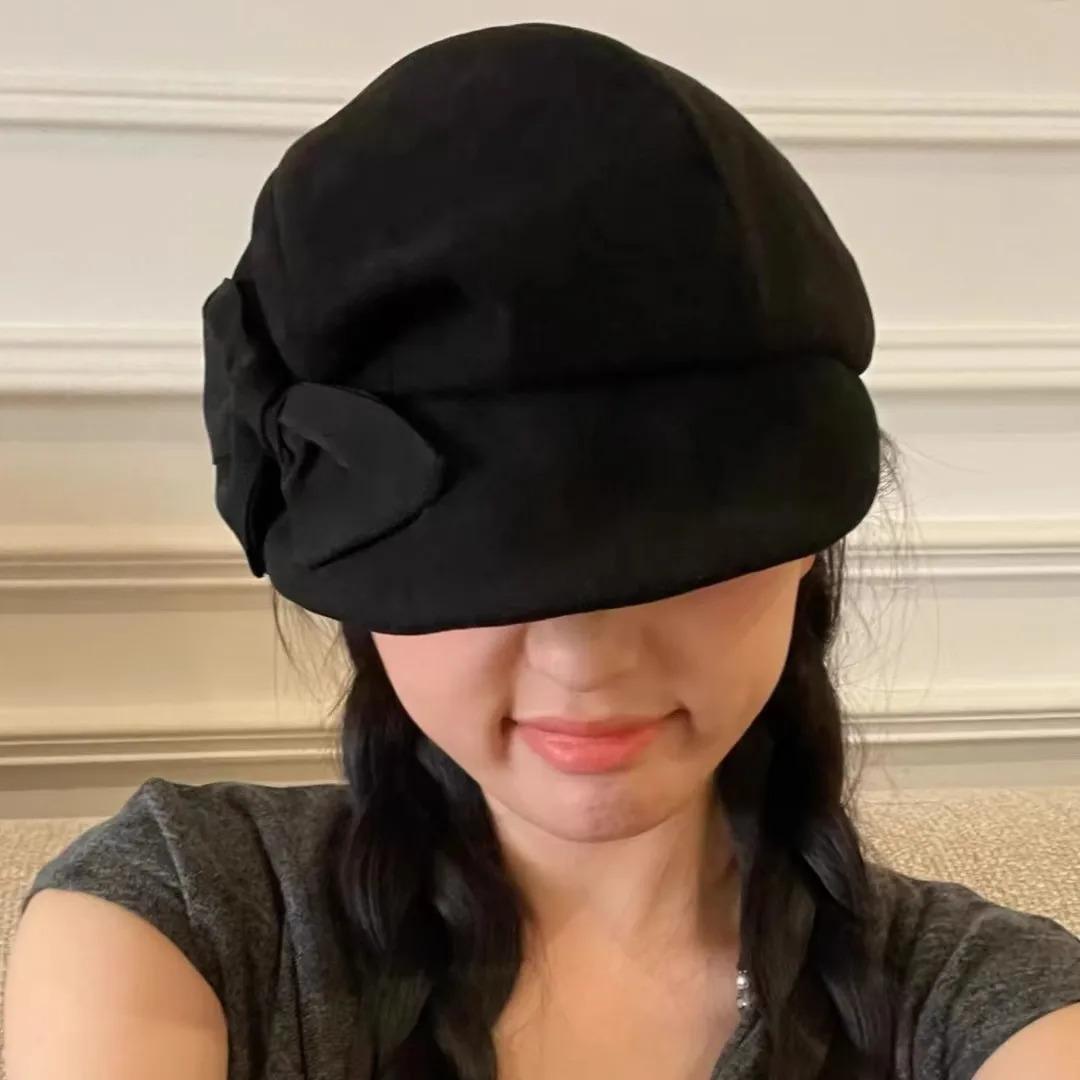Black Bow Beret Hat for Women Spring Autumn Winter British Style Octagonal Newsboy Hat Artist Painter Soft Brim Peaked Cap