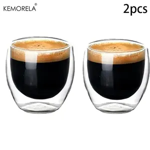 Kemorela Double-Walled Espresso Cups Set of 2, 3 Oz Glass Mugs, Clear Insulated Design, Compact Drinkware for Espresso Machines