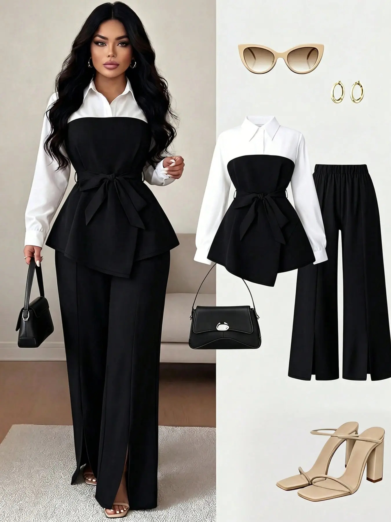Plus Size Women’s Elegant 2 Piece Pants Set, Contrast Color Patchwork Asymmetrical Hem Shirt and Straight Leg Slit Pants for Work Office Fall Wear