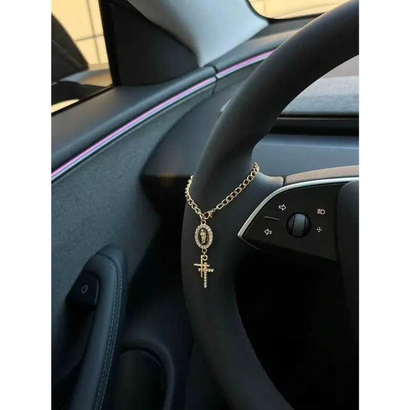 Evil Eye Rosary Car Pendant with Rhinestone Cross, Adjustable Iron Beaded Decorative Hanging Interior Accessory