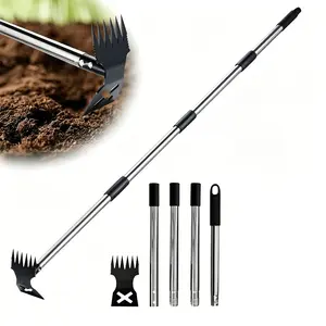 2 in 1 Garden Hoe Weeder Tool, 4-Section Detachable Thickened Stainless Steel Long Handle Gardening Rake, Adjustable Length No-Bend Over Weeding Tool for Soil Loosening, Weed Removal, Vegetable & Flower Planting, Back-Saving Yard Lawn Care Hand Tool