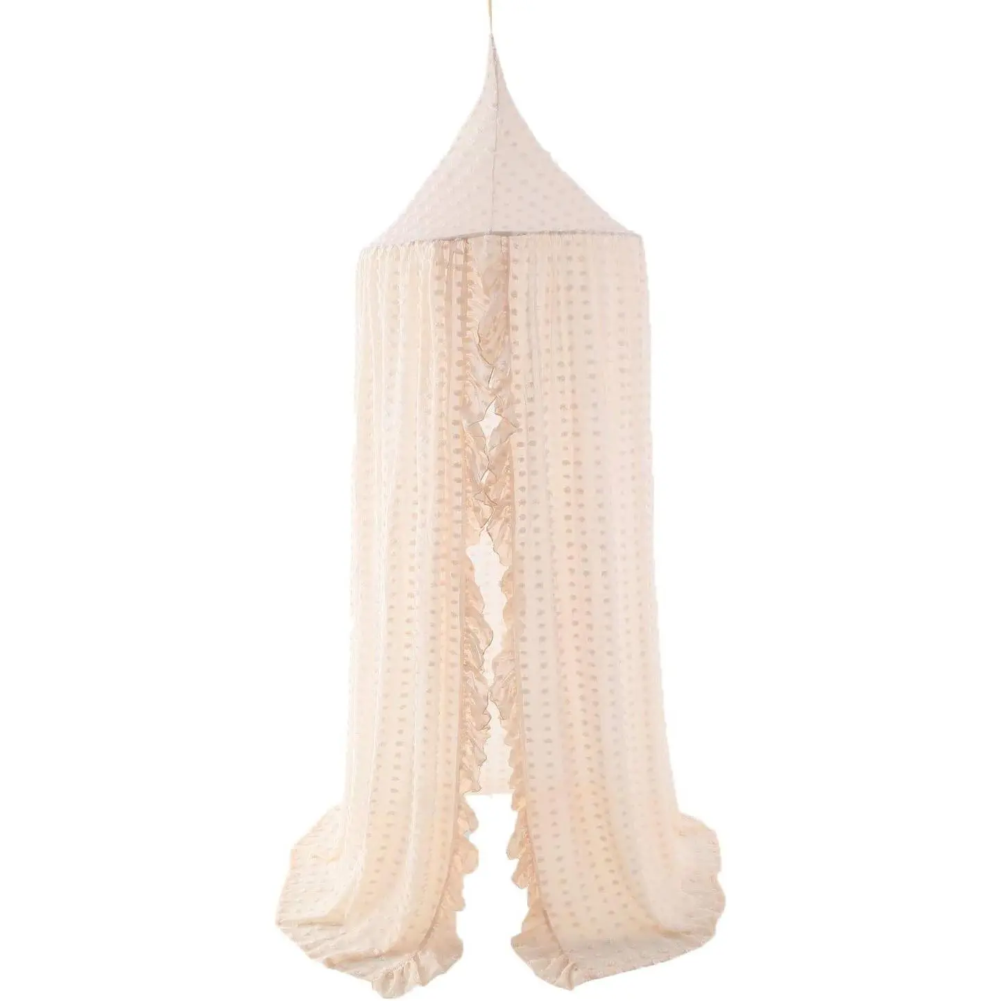 Elegant Kids Bed Canopy - Lace Chiffon Netting with Pom Pom, Princess Girls Fairy Dream Tent, Nursery Room Baby Crib Hanging Curtain Mosquito Net Children Reading Nook Decoration (Beige)