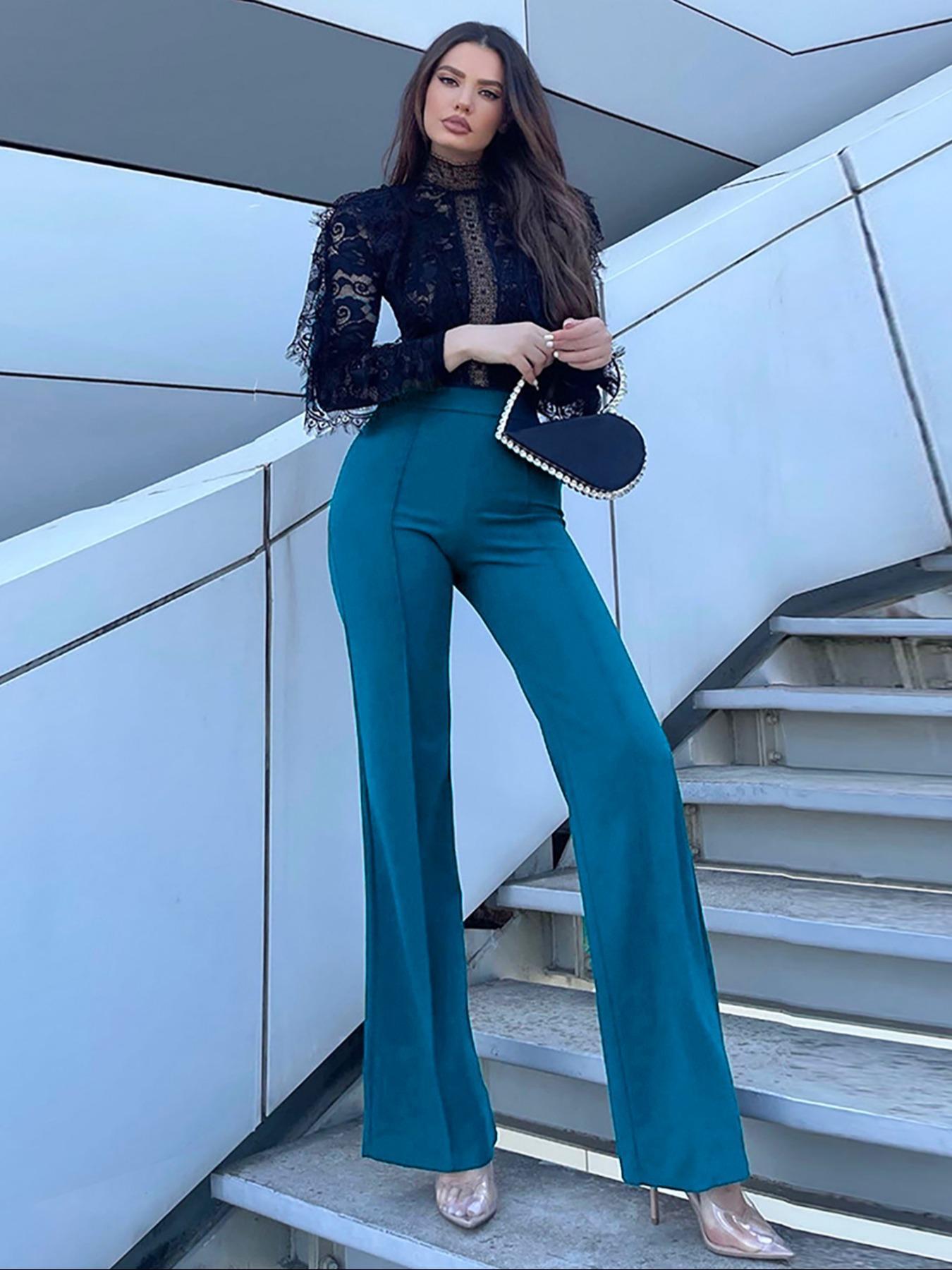 Women's Plain High Waist Flare Leg Jersey Pants, Rib Flares Pants, Casual Comfy Bell Bottom Trousers for Daily Wear, Ladies Bottoms for All Seasons