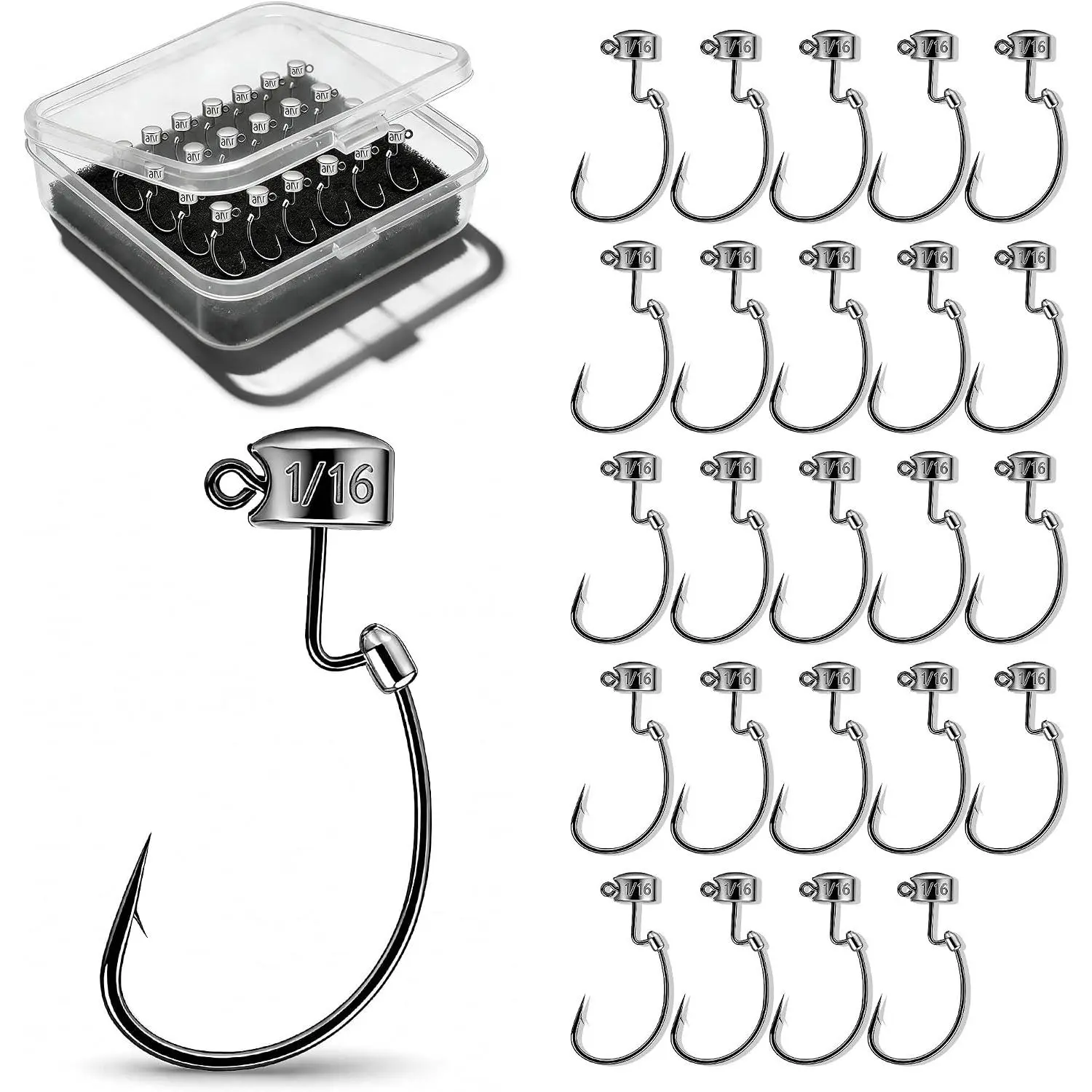 25-Pack Weedless Ned Jig Heads with High Carbon EWG Hooks, Mushroom Shape, Secure Keeper, Multi-Size Finesse Bass Fishing Gear