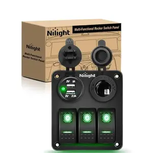 Nilight 3Gang Aluminum 5Pin ON/Off Green Rocker Switch Panel w/ Dual USB Charger | Cigarette Lighter Socket