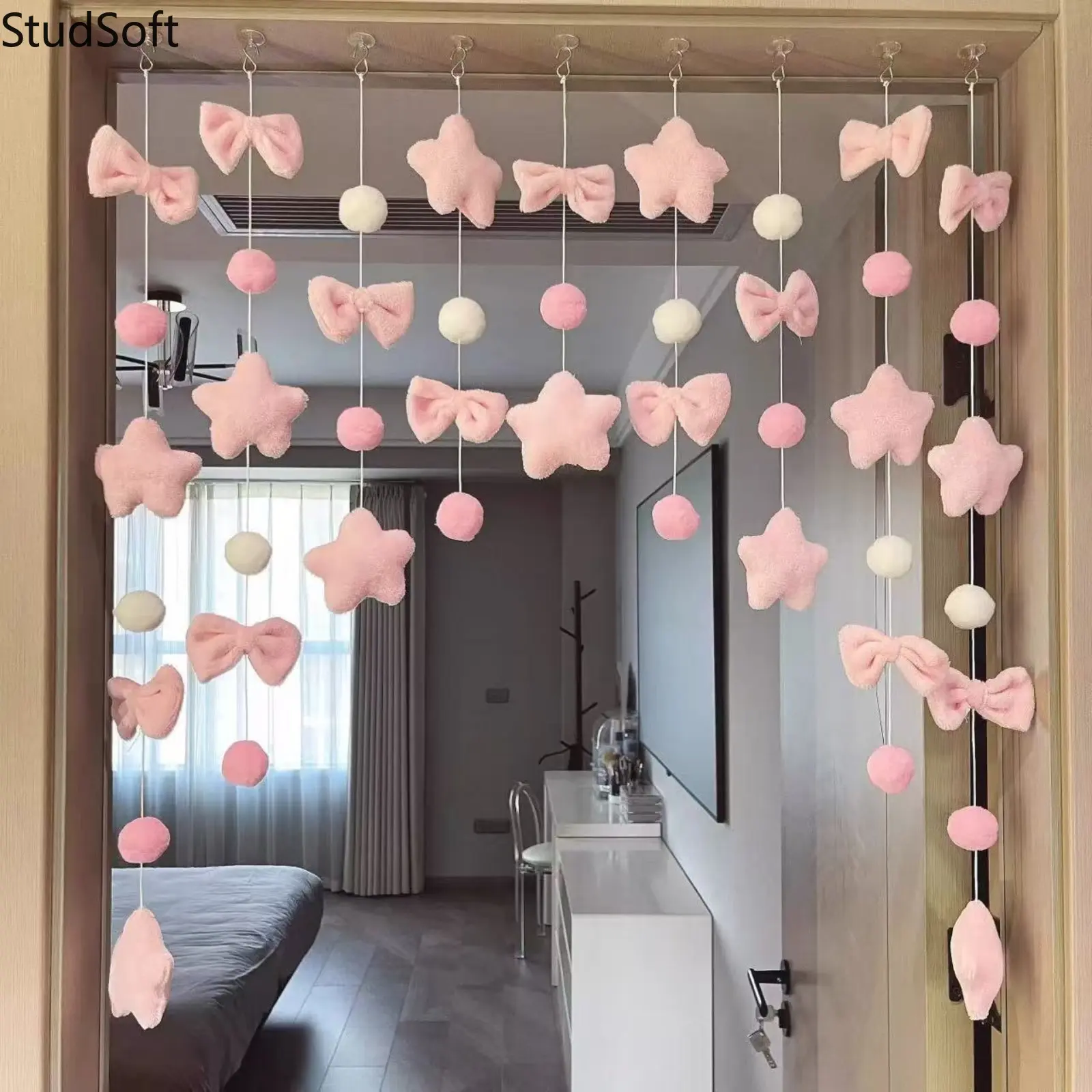 Cute Plush Stars Bowknot Door Curtain Kawaii Pink Pom Pom Garland Hanging Macrame Streamer Home Bedroom Aesthetic Room Decor Halloween Party Gifts