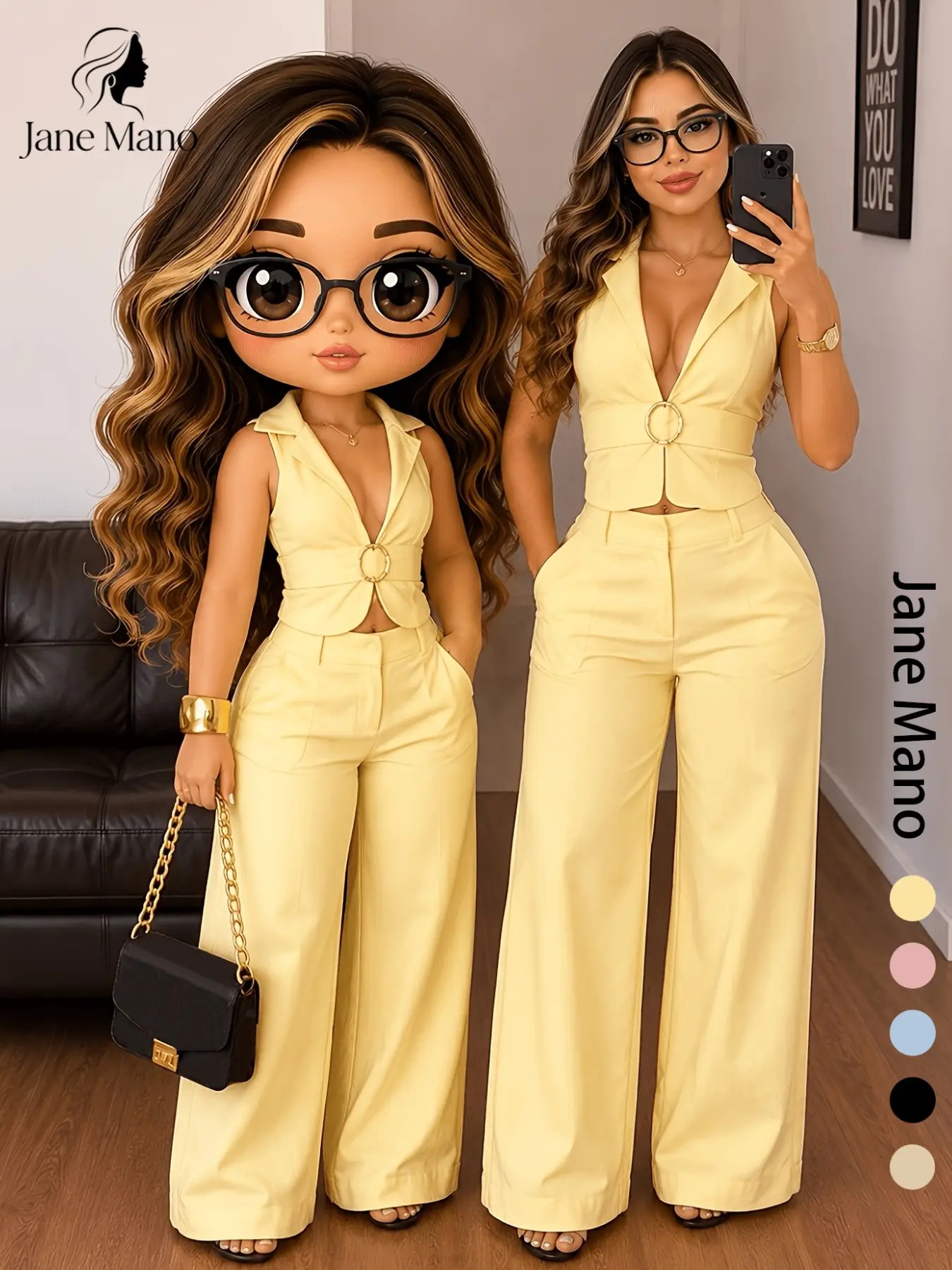 French Style Light Sleeveless Vest Set Top, Metal Ring Waistcoat, High-Waisted Loose Fit Pants, Office Wear Two-Piece