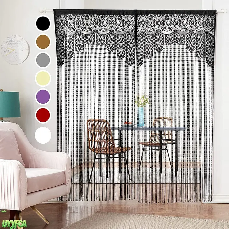 1 PC Floral Lace String Sheer Curtain - Rod Pocket, Lightweight, Tassel Fringe, Machine Washable Room Divider with Natural Light Filtering, Color Options for Home Decor (Living Room, Bedroom), Kitchen, Boho Chic Aesthetic, Semi Sheers