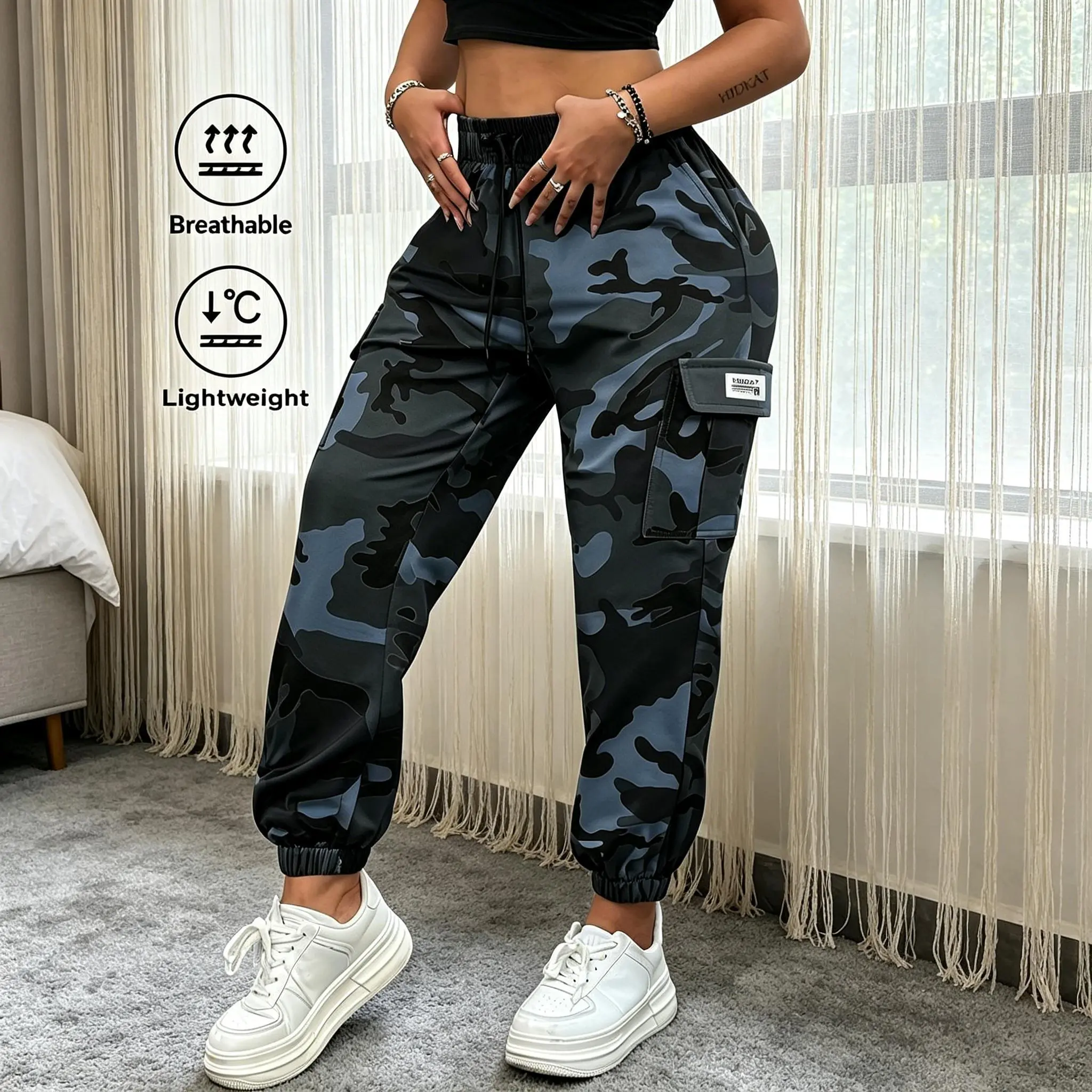 Women's High-Waisted Camo Print Cargo Jogger Pants - Adjustable Drawstring, Lightweight Breathable Woven Flap Pockets, Urbano Chicano Streetwear, Elastane Poly Basics, Women's Clothes, Pants For Women, Urban Chicano