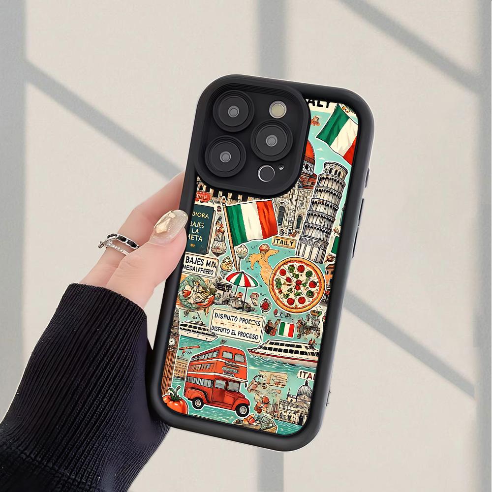 Italian - themed Travel Elements Pattern Phone Case Fashionable Popular Shock - Proof Anti - Fingerprint Full Coverage Thick Protective Soft Case Compatible with iPhone 17 E Air Pro ProMax iPhone16 15 14 Plus 13 12 Mini 11 X XS XR