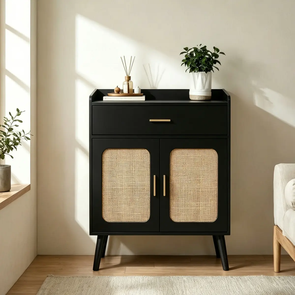 [Bellemave] Kitchen Storage Cabinet, Farmhouse Buffet Cabinet with 1 Drawers and 2 Doors, Cabinet with Solid Wood Feet,Floor Sideboard for Living Room, Dining Room, Bathroom