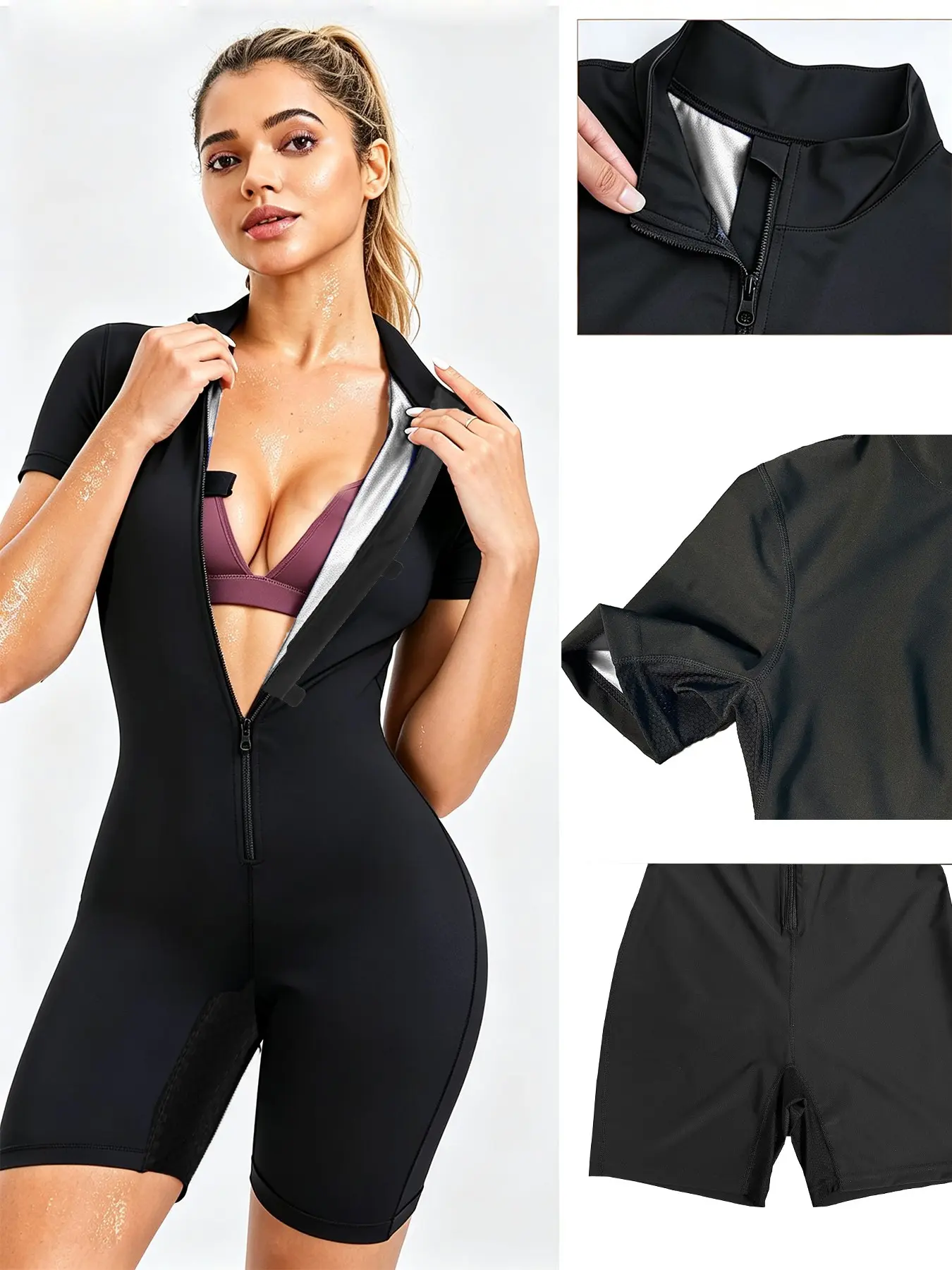 Women Full Body Sauna Sweat Jumpsuit, Sporty Jumpsuit, Tight Fitting Jumpsuit, Waist Trainer Tummy Control, Fitness Workout Sweat Suit, Workout Jumpsuits, Short Sleeve, Above the Knee