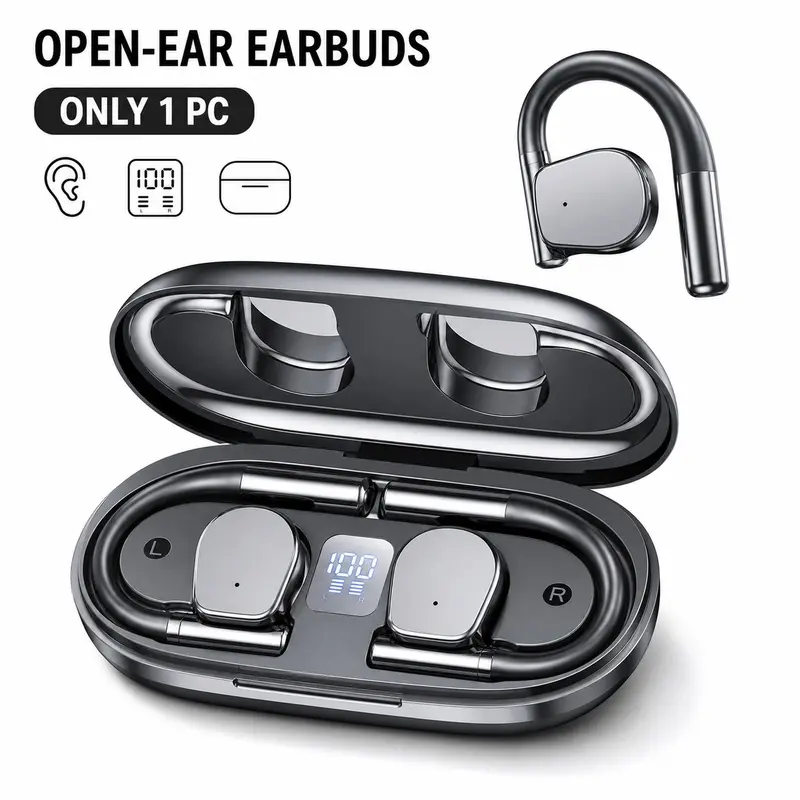 Open Ear Wireless Earbuds with Ear Hooks, 32H Charging Case and 6H Earbud Playtime, Rich 13mm Stereo Sound, CVC Noise Reduction for Clear Calls, LED Battery Display, Touch Controls for Workout Running Office Chargeable