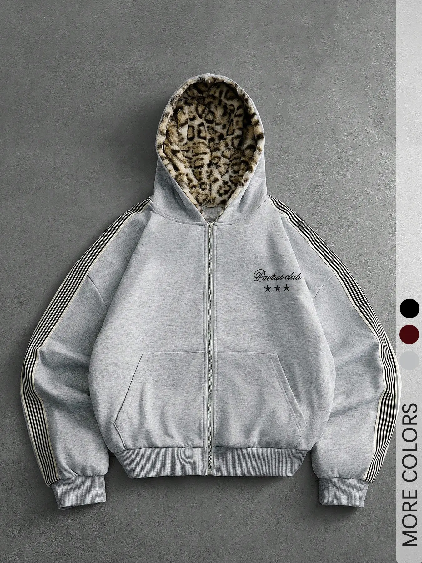 Men's Fashionable Aesthetic Zip-Up Hooded Jacket, Street-Style Leopard Print Plush Lining, Striped Sleeves, Embroidered Loose-Fitting Warm Sweatshirt, Suitable for Everyday Skateboarding and Outdoor Wear.