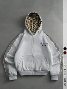Men's Fashionable Zip-Up Hooded Jacket, Street-Style Leopard Print Plush Lining, Striped Sleeves, Embroidered Loose-Fitting Warm Sweatshirt, Suitable for Everyday Skateboarding and Outdoor Wear.