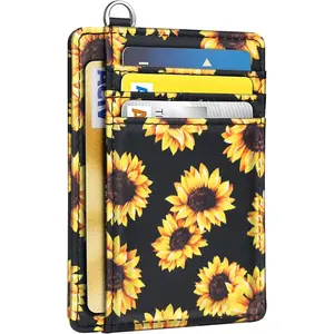 Slim Front Pocket Wallet RFID Blocking Minimalist Credit Card Holder Wallet with D-Shackle  Women,Sunflower